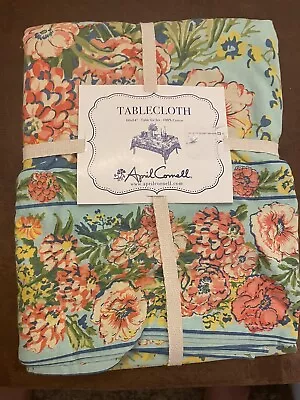 April Cornell Aqua Blue Coral Floral Zinnia Poppy Tablecloth 60 X 84 • $49