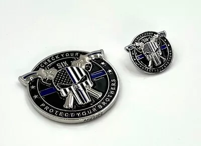 LAPD NYPD Punisher Thin Blue Line TBL Skull Lapel Pin & Challenge Coin Gift Set • $14.99