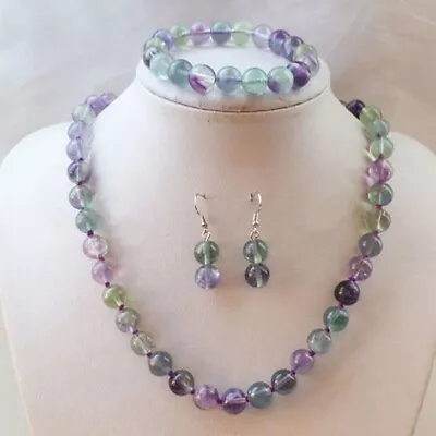 8mm Multi-color Fluorite Round Beads Gemstone Necklace Bracelet Earrings Set • $9.89