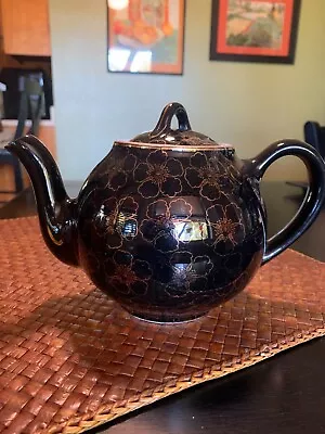 HALL TEAPOT Vintage 1940's Small BLACK With Gold Flowers 6 CUP SIZE • $12