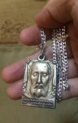 VTG Veronica's Veil Holy Face Jesus Christ Spanish Medal + 24  Silver Necklace • $199.99