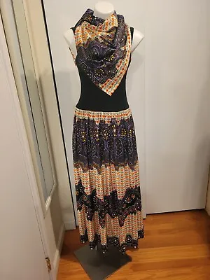 Vintage SAKS 5TH AVE Long Bohemian Tribal Floral Dress W/Large Scarf VtgSz12 • $90