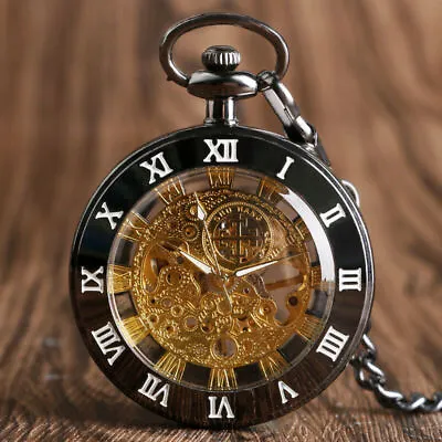 Luxury Gold Skeleton Open Face Mechanical Pocket Watch Pendant Roman Numerals • $16.25