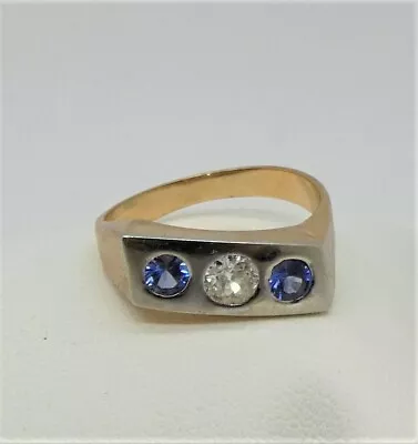 Groovy 60's Vintage Men's Asymmetrical Gold Ring With 2 Sapphires And A Diamond • $1250