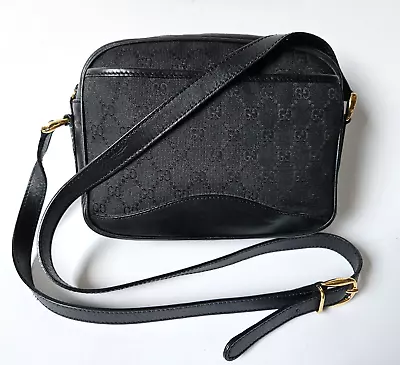 Vintage Gucci Guccissima Monogram Crossbody Bag Black Canvas Leather • $324.99