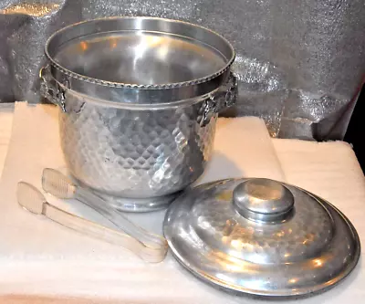 Vintage Hammered Finish Aluminum Ice Bucket W/Lid/W/Fancy Handles & Tongs • $12.50