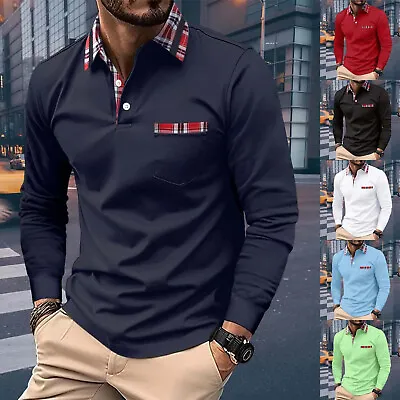Men's Casual Long Sleeve Lapel Collar Polo Shirt Slim Fit Business With Pockets • $21.42