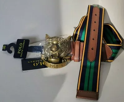 Polo Ralph Lauren Mens Tiger Buckle Fabric Belt Logo Buckle Blue Green 36 BNWT • £99.99