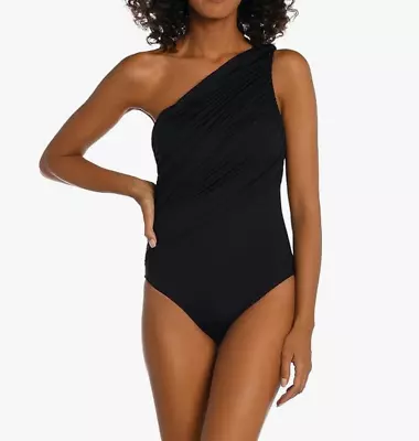 La Blanca Island Goddess Shirred One Shoulder Swimsuit Black Size 10 NWT • $39.99