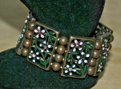 $10 • Buy Vintage Beaded Brown Bracelet With Enamel Flowers And Rhinestones - 3  Across 