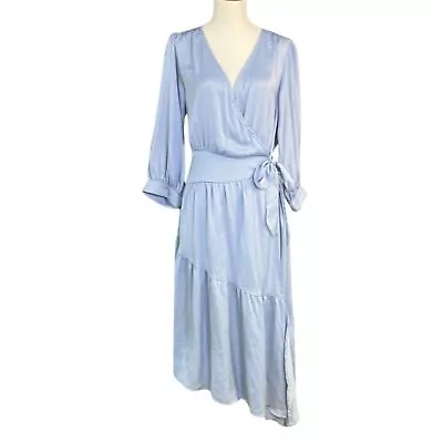 Mustard Seed Women’s Dress Sz L Dusty Blue Wrap Tiered Silky V Neck Boho • $19.87