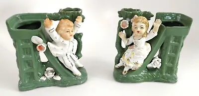 Pair Vintage Green Spill Vases Boy & Girl Sliding 18th Century Dress White Gold • $14.50