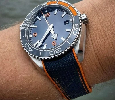 £39.99 • Buy 21mm Black Orange Curved End Sailcloth Rubber Watch Strap For Omega Planet Ocean