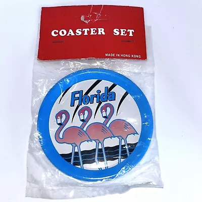 Vintage Florida Metal Pink Flamingo Round Coasters Set Of 4 New Old Stock • $13.99