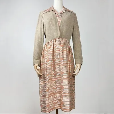 70s Oscar De La Renta Dress Vintage Midi Checkered Striped Brown Orange Fall M • $225