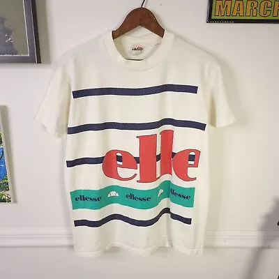 Vintage 80's Ellesse Tennis Single Stitch AOP Logo Spellout T-shirt Sz L • $89.99
