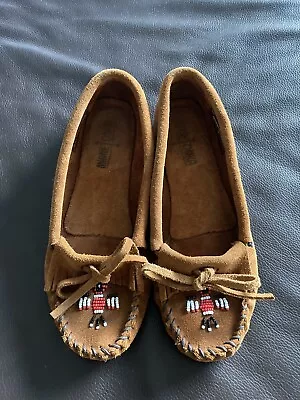 Tan Suede Ladies Minnetonka Moccasins Shoes Flats • £30