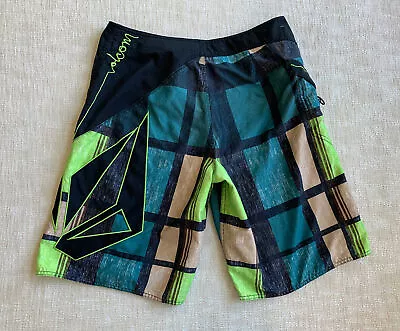 Volcom Mens Board Shorts Sz 33 Swim Trunks Big Diamond Green Black Poly Logo Zip • $24.99