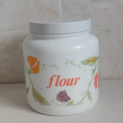 Vintage 80s Candlelight Milk Glass Floral Lidded Flour Jar Canister Retro 16cm • £10