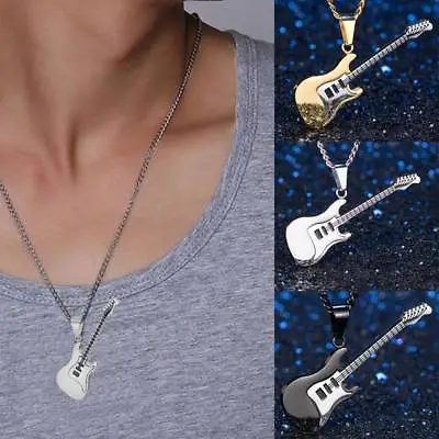 1pc Stainless Steel Music Rock Guitar Pendant Necklace  Chain Men Women Jewelry • £4.93