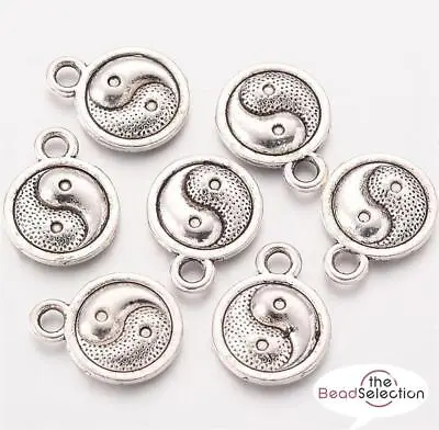 10 YIN YANG CHARMS PENDANTS BRIGHT TIBETAN SILVER 13mm 3D JEWELLERY MAKING C50 • £2.99