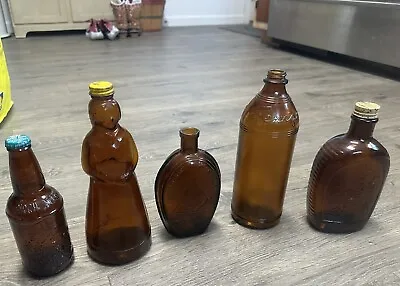 Set Of Five Vintage Amber Glass Bottles Including Mrs. Buttersworth • $25