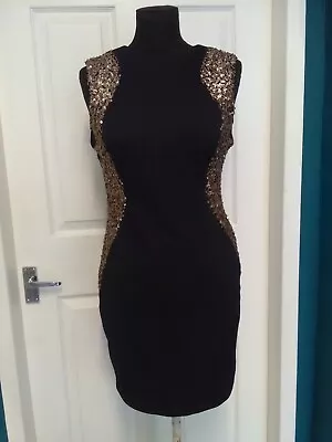 Abbey By Abbey Clancy Black/Gold Sequins Bodycon Dress - Size 12 (P) • £8.99