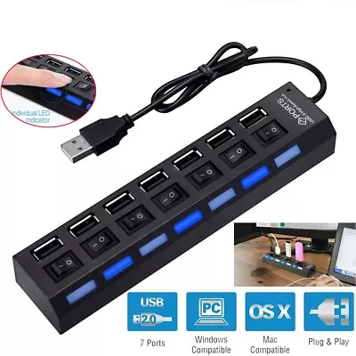 7-Port USB 2.0 Multi Charger Hub + High Speed Adapter ON/OFF Switch Laptop PC US • $8.99