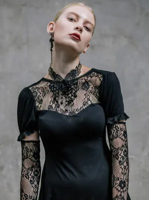 Fashion Goth T-Shirt Tops Women Steampunk Visual Kei Lace Black Tee With Sleeve • $39.22