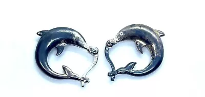 Vintage Sterling Silver Dolphin Hoop Earrings  • $15