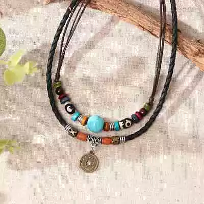 PU Leather Natural Boho Coin Necklace Pendant Wooden Beads Ethnic Long Chain • £6.45