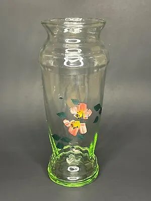 Hand Painted Floral Vaseline Glass Vase 8  Tall Vintage Green Glow • $34.99