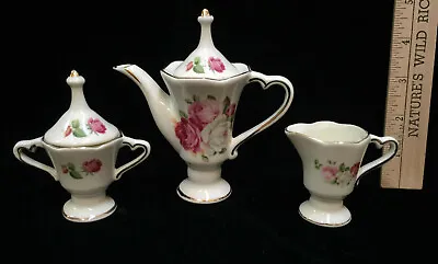 Miniature Tea Set Porcelain Teapot Creamer & Sugar Bowl Pink Red White Rose 3 Pc • $12.99