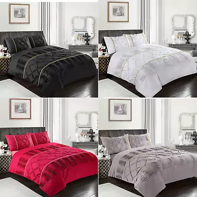 Lux Pin Tuck Duvet Cover Set White OR Black Gold Laced Embellished • £27.49