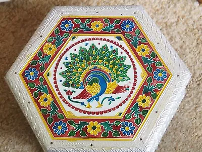 Peacock & Flowers Coloured Meenakari Hexagonal Jewelery Trinket Box India. • $19.30