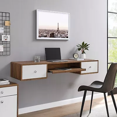 Modway Transmit 60  Wall Mount Wood Office Desk In Walnut White • $206.56