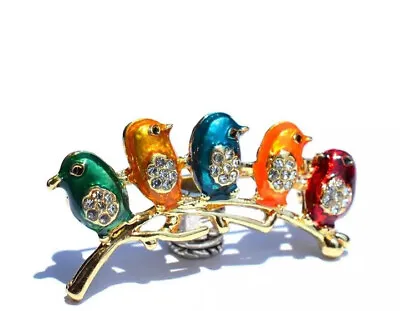 Birds 5 On A Branch Colorful Vintage Gold Pin Brooch D-3590 • $4.99