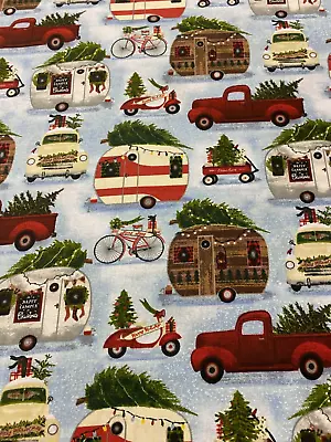Retro Trailers Rv Campers Camping Blue/white Background Cotton Fabric Fq • $4.99