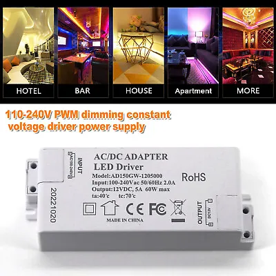 AC 100/240V To 12V 12-60W Dimmable Transformer Power Supply LED Driver Adapter • $11.69
