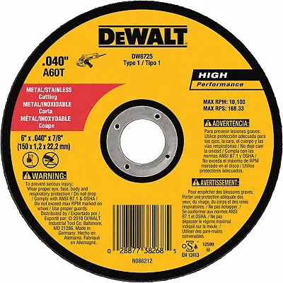 DeWalt DW8725 Type 1 HP Aluminum Oxide Metal Cutting Wheel 6  X .040  X 7/8  • $18.78