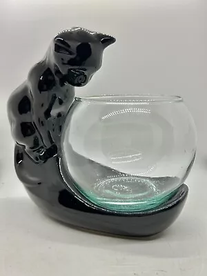 Great Vintage Haegar MCM Black Ceramic Cat Gazing Into Fish Bowl • $52.99