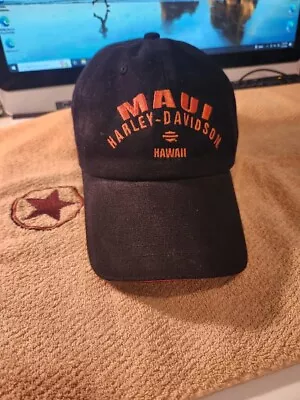 VINTAGE=Harley Davidson MOTORCYCLE Adjustable Hat Cap ORANGE/BLACK FROM MAUI HI • $15.50