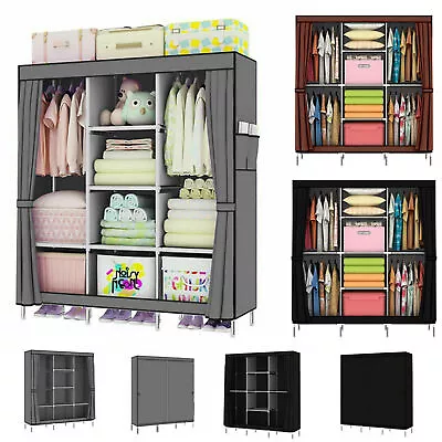 Large Canvas Wardrobes With Hanging Rail Shelves Clothes Cupboard Storage Closet • $32.29