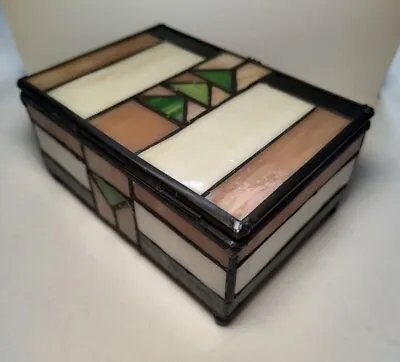 Vintage Stained Glass Mosaic Jewelry Trinket Box With Hinged Lid Green Cream • $90