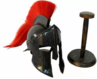 Medieval Spartan Helmet Red Plume Greek Wooden Base 18G Steel Cosplay Replica • $103.47