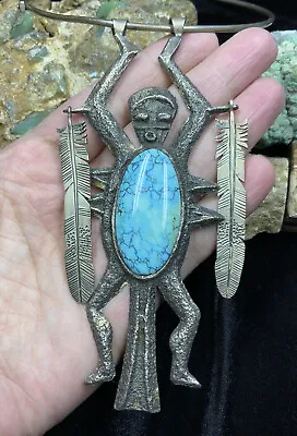 HUGE! Ceremonial Hopi “Preston Monongye” Ster. Silver & Turquoise Pendant 108.3g • $7450