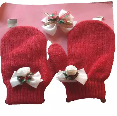 Vintage Child Mittens And Hairbow Red White-New In Package. • $9.75