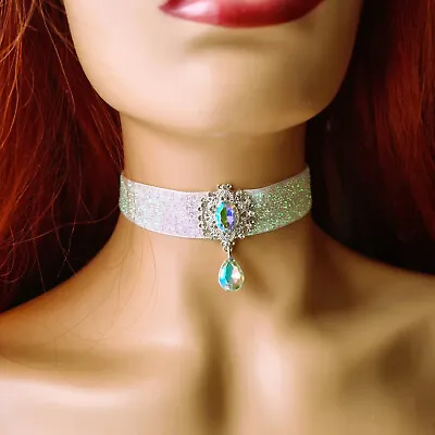 White Choker Crystal Clear AB Pendant Necklace Collar Retro Christmas Party Gift • £4.25