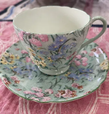 £41.53 • Buy Vintage Shelley China MELODY CHINTZ CUP & SAUCER SET GREEN HANDLE, Excellent