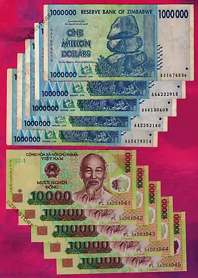 5 X 1 Million Zimbabwe Dollars Banknotes + 5 X 10000 Vietnam Dong Currency Vnd • $28.79